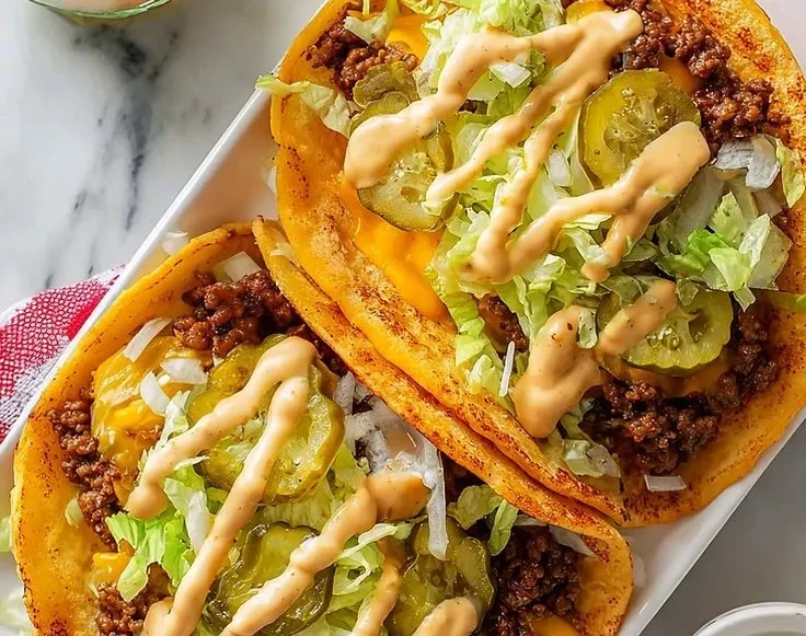 Delicious smash burger tacos served on a plate with fresh toppings