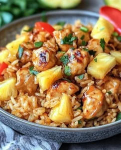 Delicious pineapple chicken and rice served on a plate with fresh pineapple slices