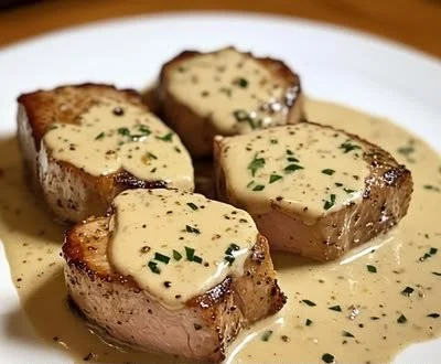 Succulent Pork Tenderloin drizzled with creamy Dijon sauce, garnished elegantly.