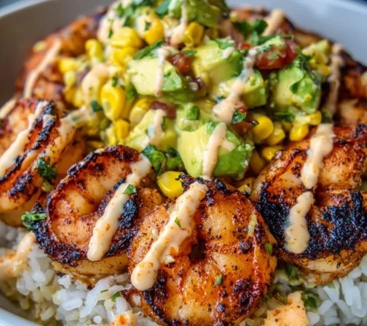 Quick grilled shrimp bowls topped with creamy garlic sauce on a wooden table