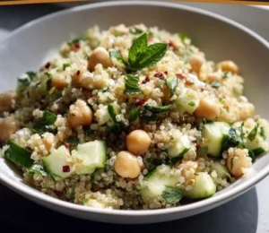 Quinoa chickpea salad with fresh vegetables and dressing