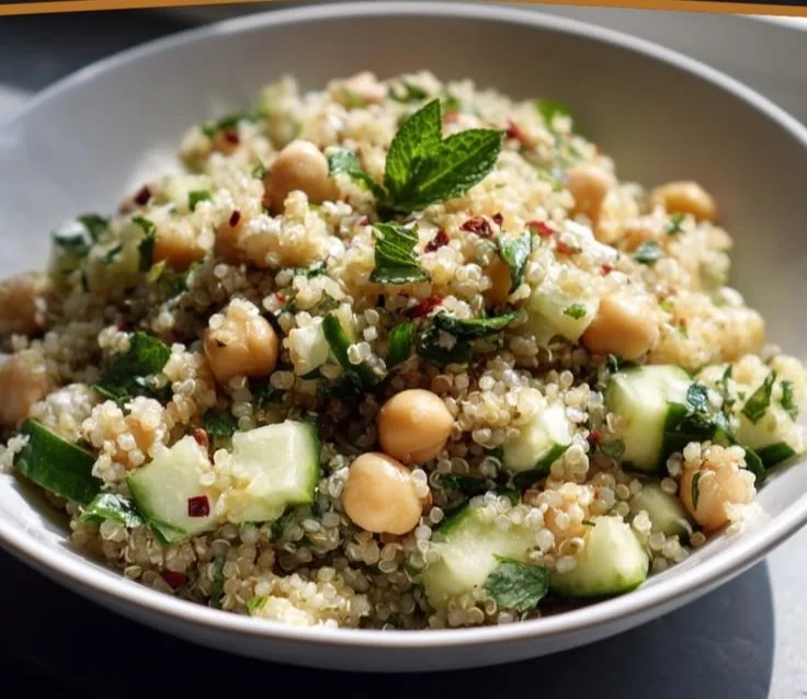 Quinoa chickpea salad with fresh vegetables and dressing