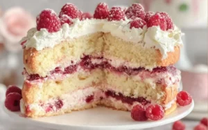 Raspberry Cream Layer Cake with fresh raspberries and cream frosting