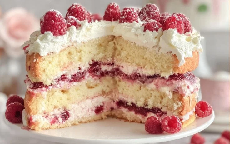 Raspberry Cream Layer Cake with fresh raspberries and cream frosting