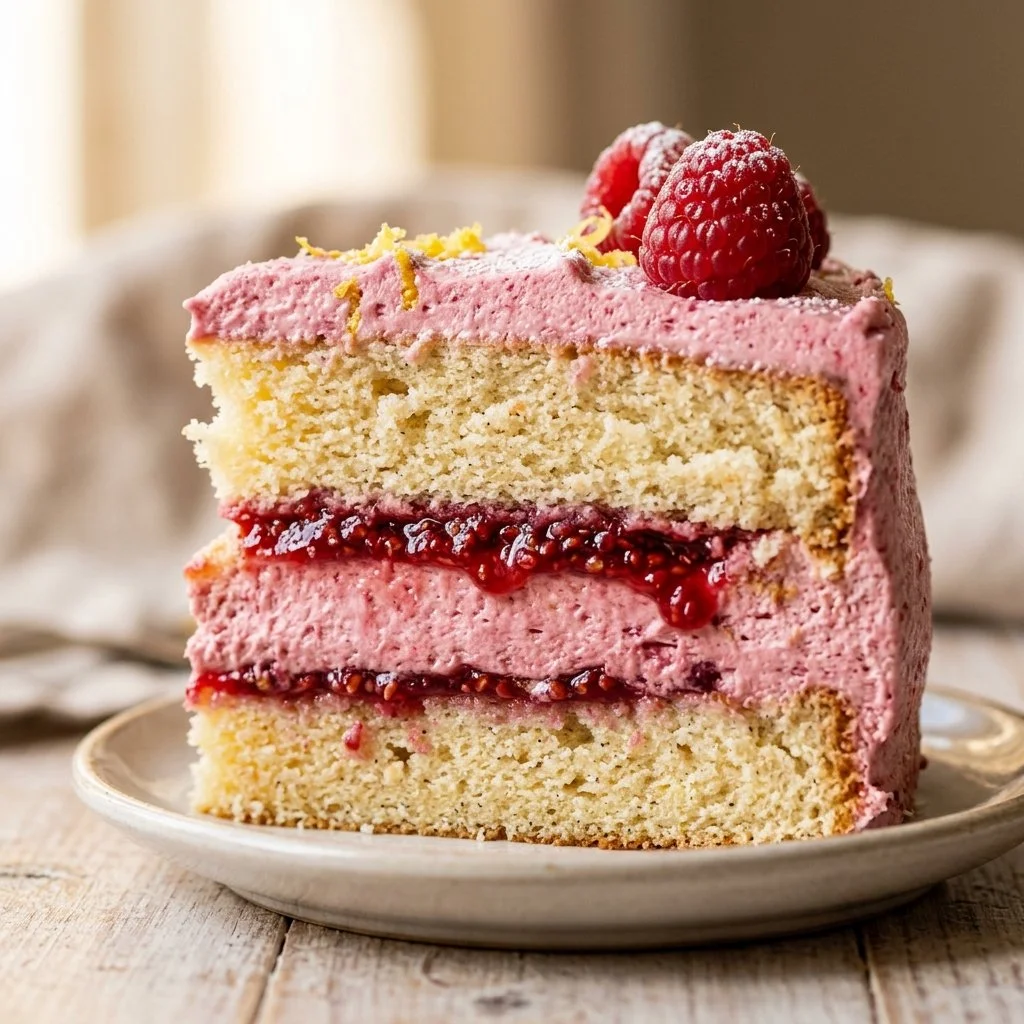 Delicious Raspberry Cream Layer Cake with layers of cream and fresh raspberries