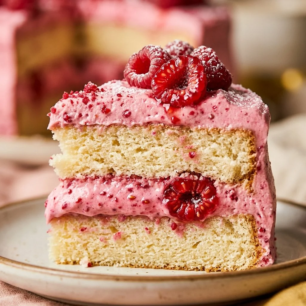 Delicious Raspberry Cream Layer Cake with fresh raspberries on top