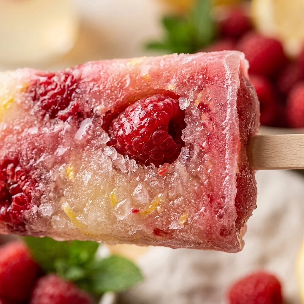Raspberry Lemonade Protein Popsicles on a wooden table with fresh raspberries