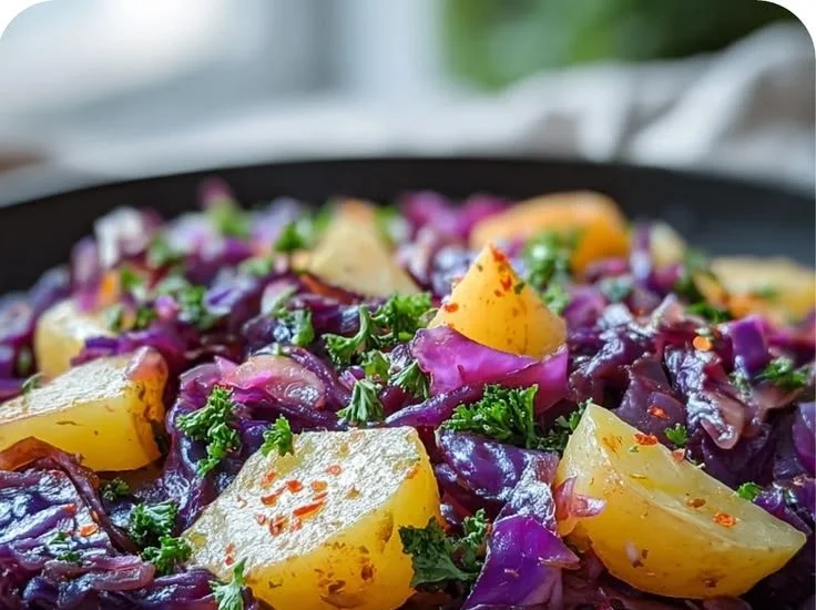Red Cabbage and Potato Skillet dish served in a pan