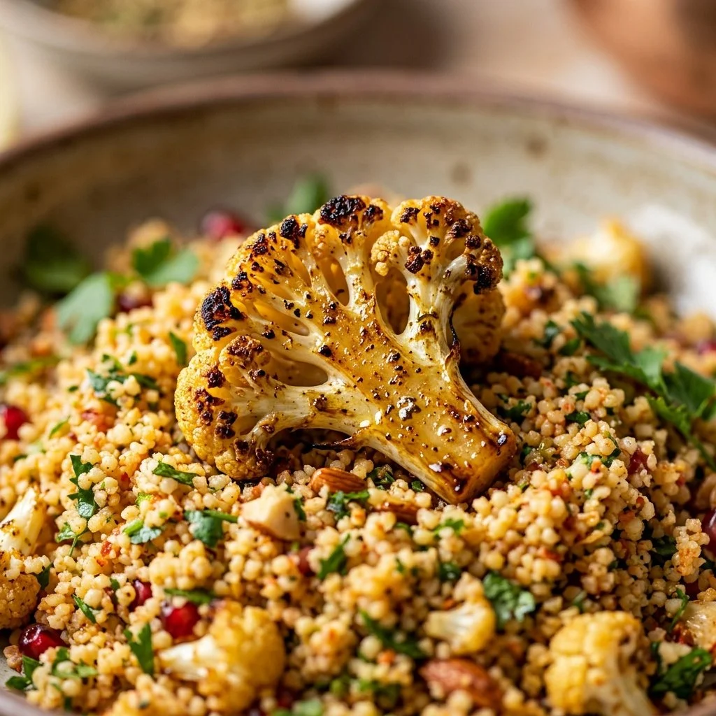 Bowl of roasted cauliflower couscous topped with herbs and spices.