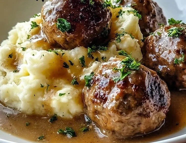 Salisbury Steak Meatballs with Creamy Garlic Herb Mashed Potatoes