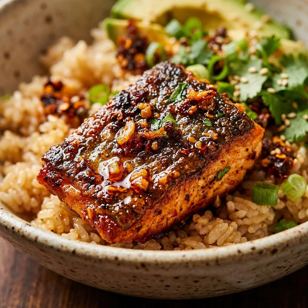Salmon bowl topped with crispy chili crunch and colorful vegetables