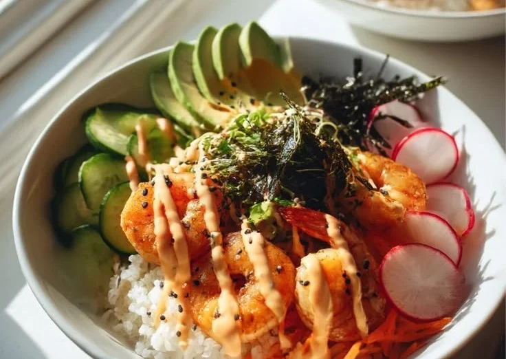 Shrimp Rice Bowls with Spicy Mayo Drizzle
