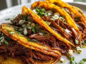 Slow-cooked birria tacos served with fresh toppings and dipping sauce