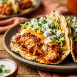 Delicious Smashed Buffalo Chicken Tacos on a plate garnished with fresh herbs