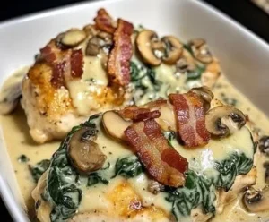 Delicious smothered chicken with spinach and bacon served on a plate.