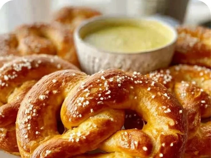 Delicious homemade soft pretzels served with mustard dip