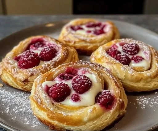 Sourdough discard raspberry cream cheese danishes baked golden brown