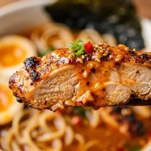 Bowl of spicy chicken ramen in creamy garlic sauce garnished with herbs