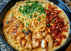 Bowl of spicy chicken ramen with creamy garlic sauce and fresh toppings