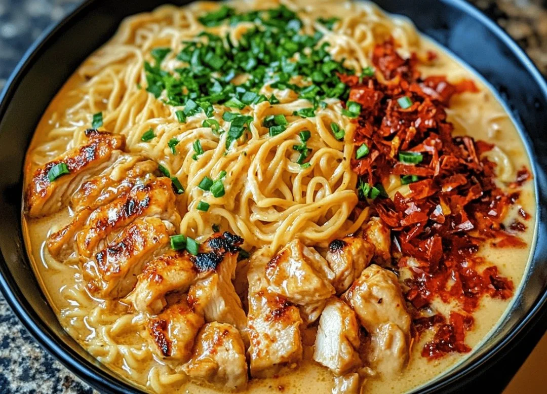 Bowl of spicy chicken ramen with creamy garlic sauce and fresh toppings