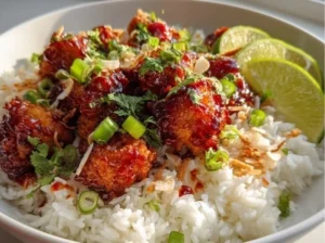 Plate of spicy maple-glazed chicken served with coconut rice