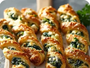 Spinach and Feta Puff Pastry Twists on a wooden serving board