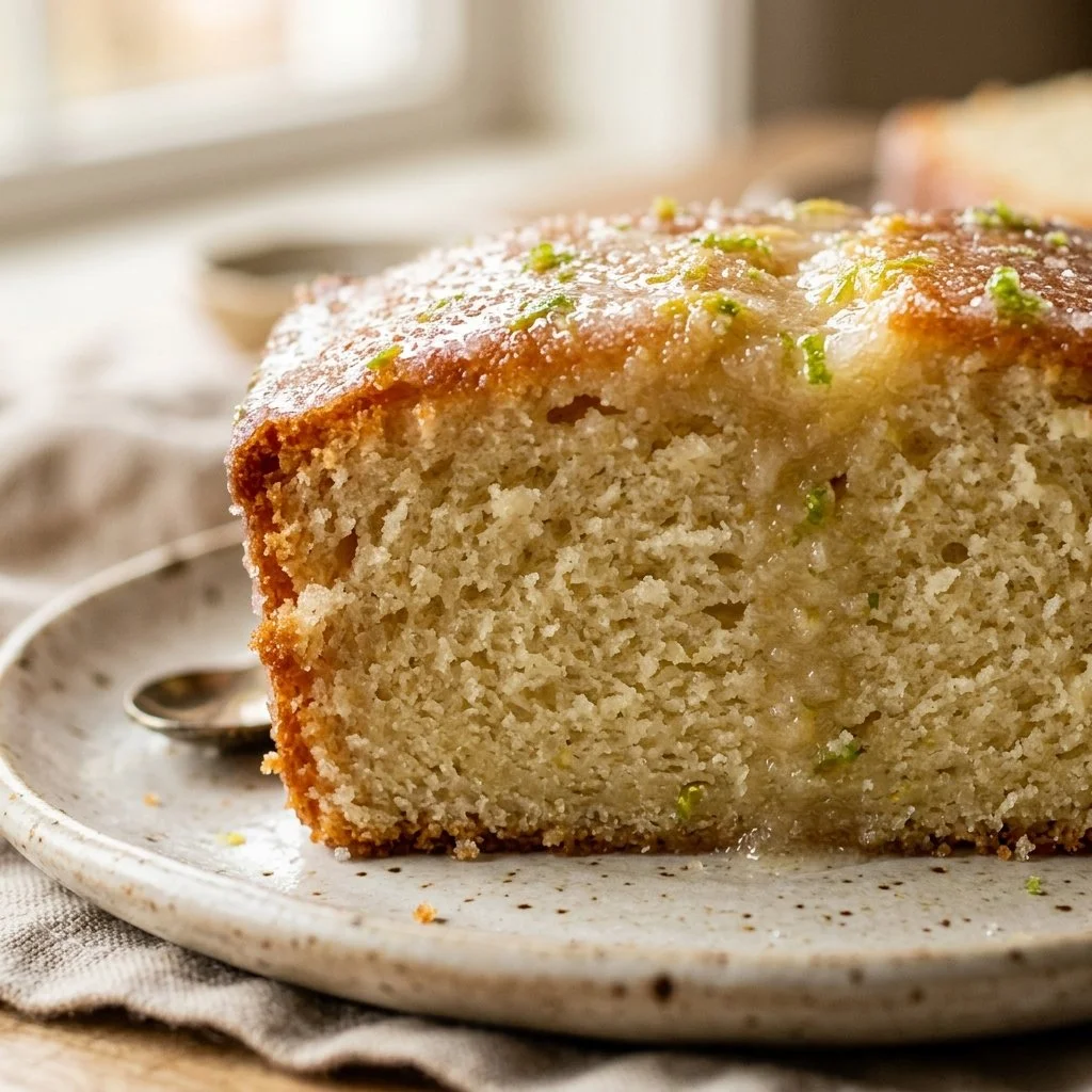 Delicious Sprite Pound Cake served on a plate with a glass of Sprite