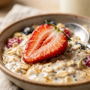 Strawberry and cream overnight oats topped with fresh strawberries and cream