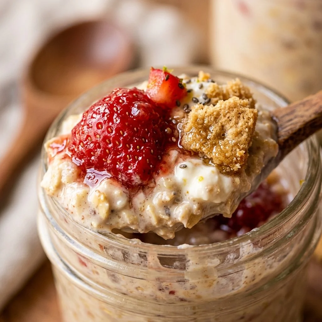 Strawberry Cheesecake Protein Overnight Oats in a jar with fresh strawberries