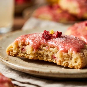 Delicious strawberry lemonade cookies displayed on a plate with fresh strawberries.