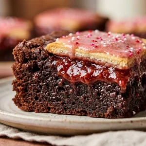 Delicious strawberry Pop-Tart brownies topped with frosting and sprinkles