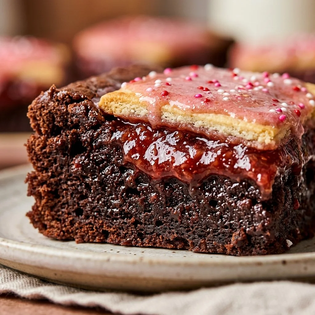 Delicious strawberry Pop-Tart brownies topped with frosting and sprinkles