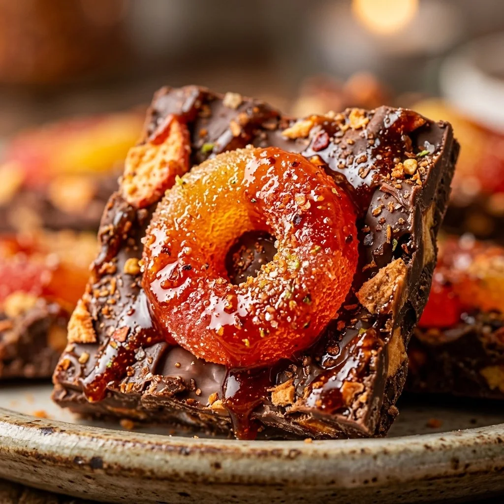 Delicious Tajín Bark topped with colorful chamoy peach rings.