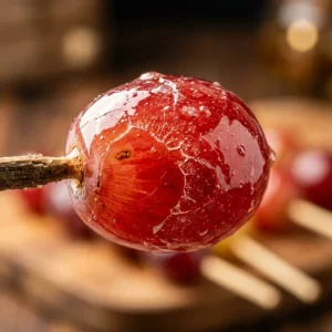 Tanghulu grapes coated in crystalized sugar, a colorful Chinese street food treat.