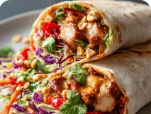 Delicious Thai Chicken Wrap arranged on a plate with fresh vegetables