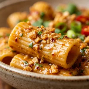 Bowl of Thai Peanut Chili Pasta garnished with peanuts and herbs