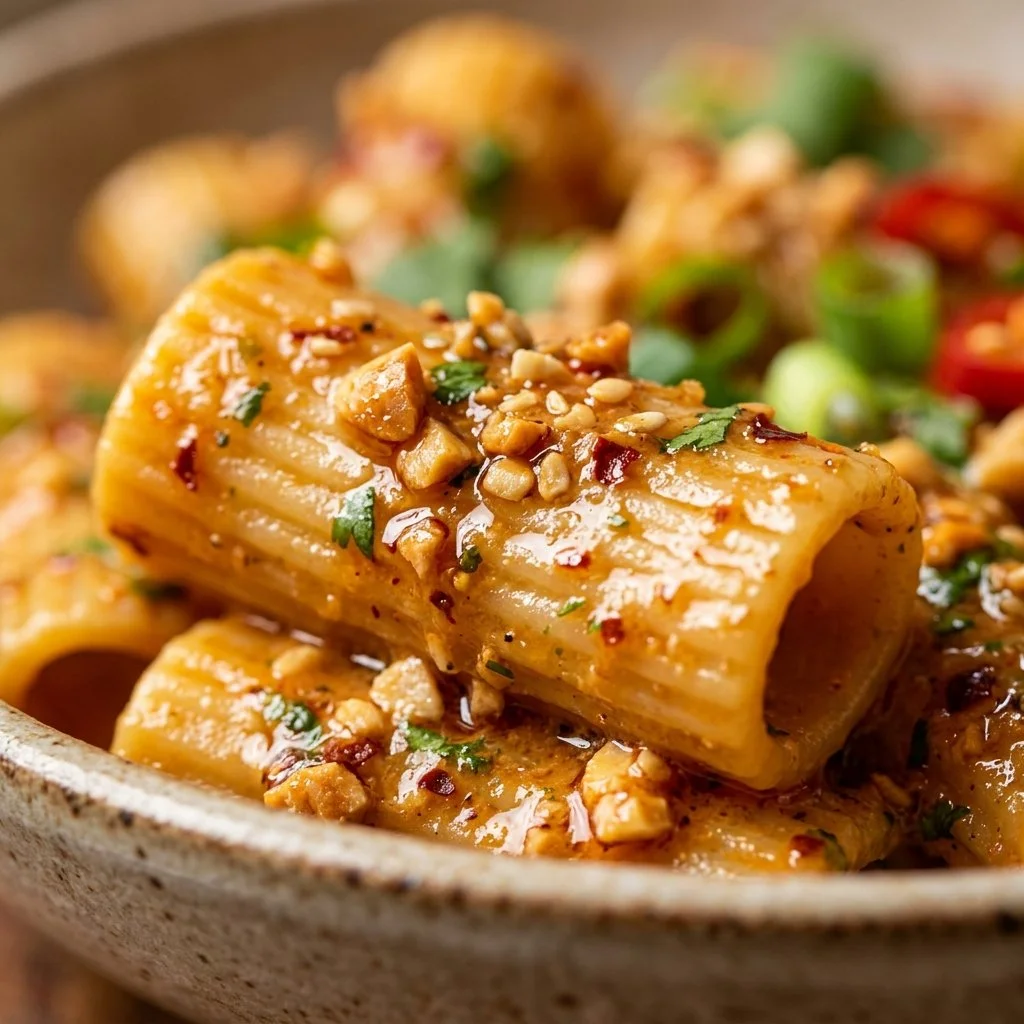 Bowl of Thai Peanut Chili Pasta garnished with peanuts and herbs