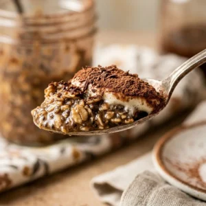 Delicious tiramisu overnight oats topped with cocoa and coffee
