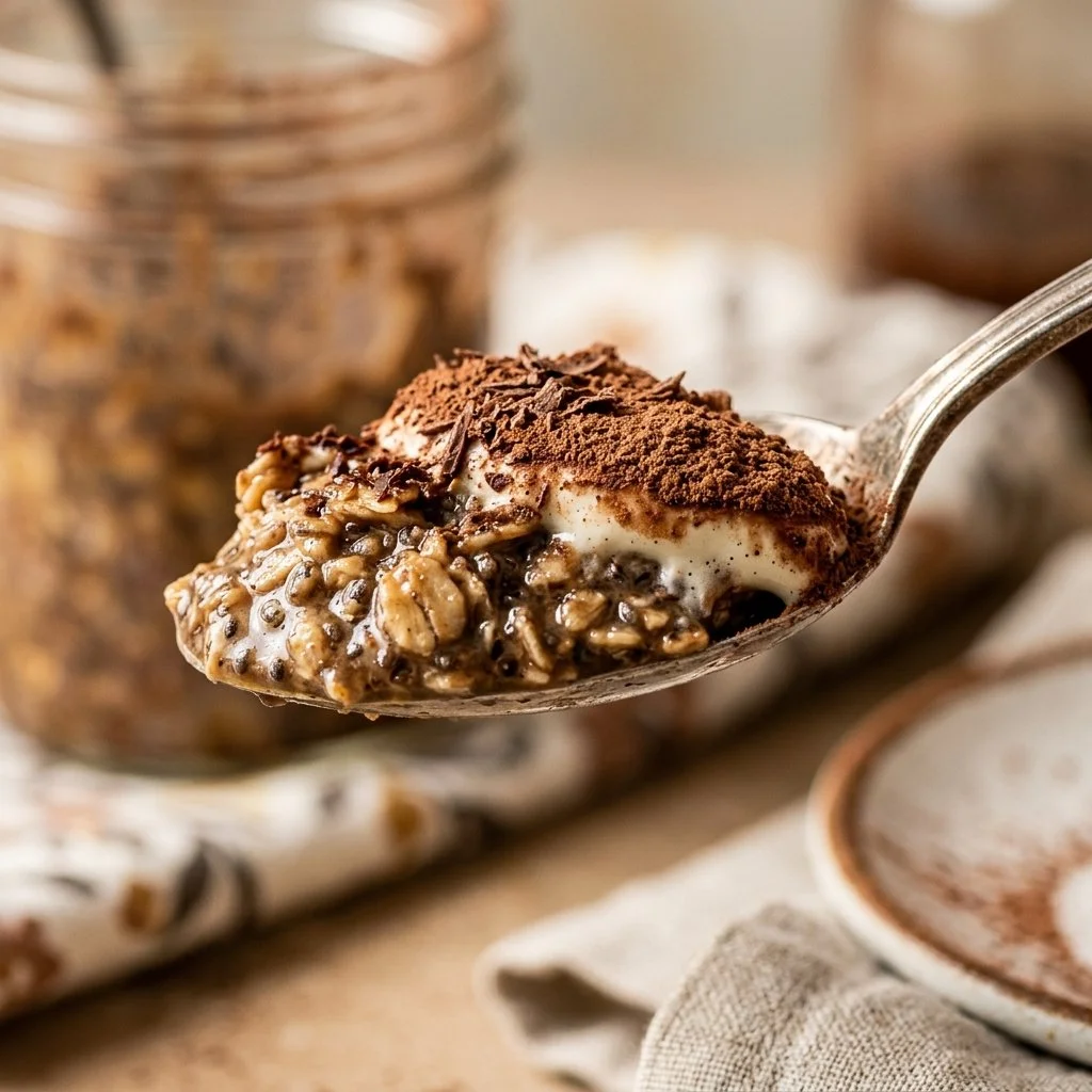 Delicious tiramisu overnight oats topped with cocoa and coffee