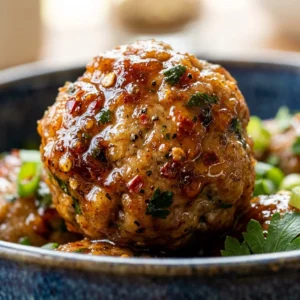 Turkey meatballs drizzled with sticky hot honey glaze on a plate