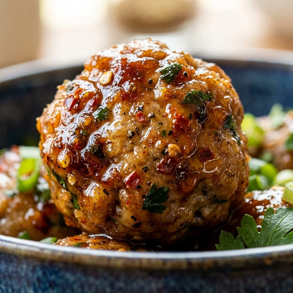 Turkey meatballs drizzled with sticky hot honey glaze on a plate