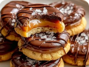 Delicious Twix-style chewy cookies topped with chocolate and caramel.