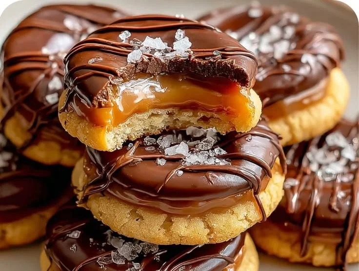 Delicious Twix-style chewy cookies topped with chocolate and caramel.