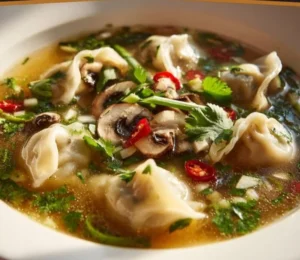 Bowl of flavorful Vegetarian Dumpling Soup with fresh herbs and vegetables