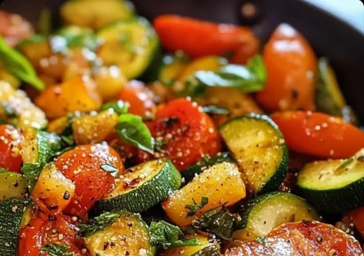 Vegetarian zucchini tomato skillet with fresh ingredients in a pan