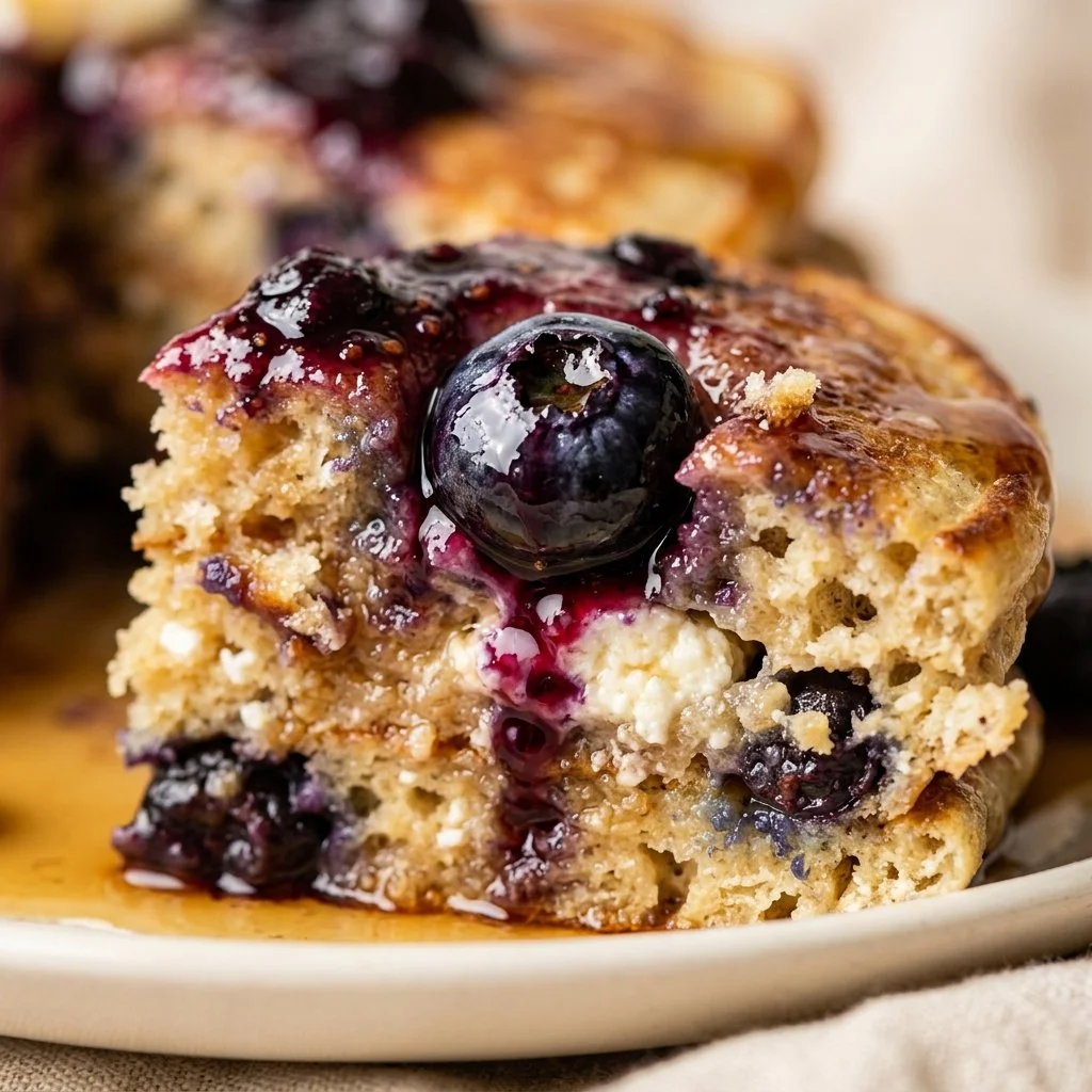Fluffy blueberry protein pancakes topped with fresh blueberries and syrup.