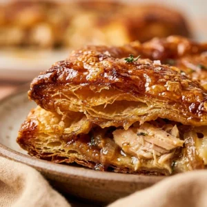 Viral TikTok upside-down puff pastry chicken tart beautifully arranged on a plate.