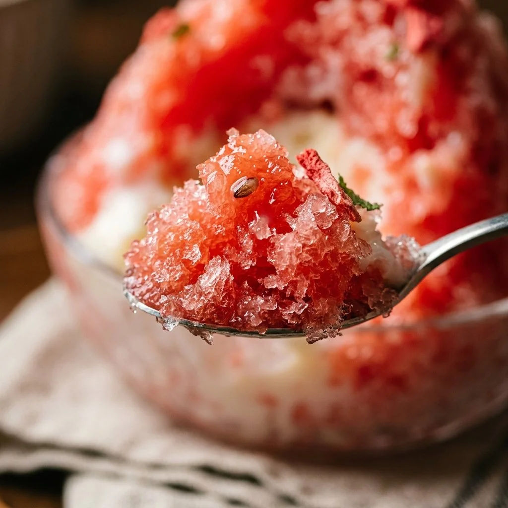 Delicious watermelon shaved ice cake topped with colorful fruit and cream.
