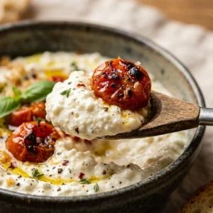 Whipped cottage cheese and roasted tomato dip served with crackers.