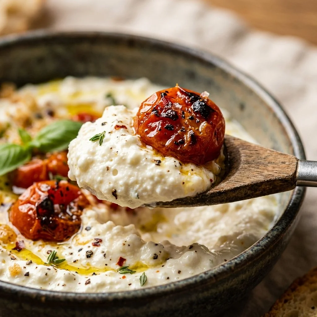 Whipped cottage cheese and roasted tomato dip served with crackers.